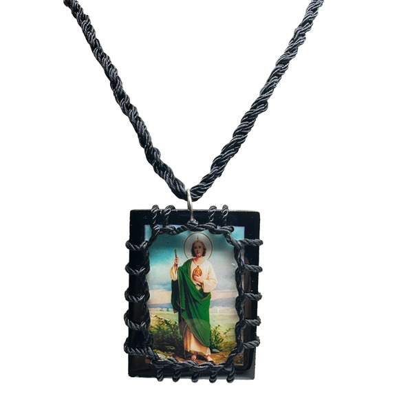 Large St Jude Scapular Necklace Knotted Rope Black Wood Charm NEW - Picture 2 of 2